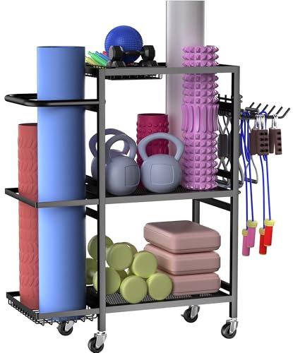 Home Gym Storage Rack, 3 Tier Yoga Mat Storage Rack with Wheel for Yoga Lover, Exercise Equipment and Workout Equipment Organizer, Yoga Mat Holder for Yoga Mats, Foam Roller and Dumbbells(Black)