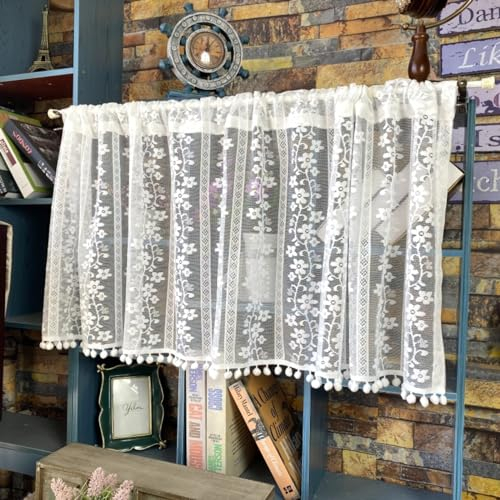 champracer Scheibengardine Küchenvorhang Baumwolle Hohl Boho Kurze Vorhang Stickerei Scheibengardine Landhausstil Bistrogardine Spitzen Vorhänge Halbtransparent Vorhang (150 x 60cm)