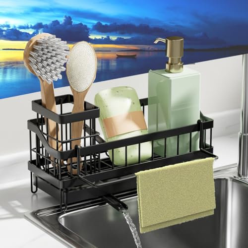 VILCEN Organiseur d'évier, Porte Eponge Evier Cuisine en Acier Inoxydable avec Porte Brosse Amovible, Séparateur Amovible, Rangement et Organisation de Cuisine, Noir