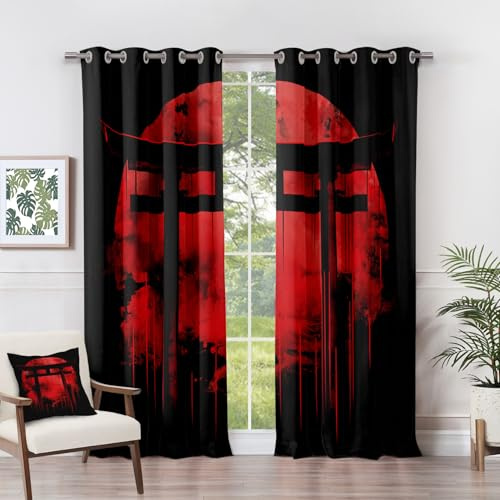 Vorhänge Asiatisch - Japanische Torii Schwarz Rot Fenster Gardinen mit Ösen, Vorhang Blickdicht Verdunklungsvorhänge Thermovorhang für Wohnzimmer Schlafzimmer 2er Set, H 137 x B 117 cm F#-211