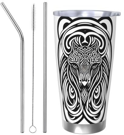 XZDCAL Symmetrical animal heads 20oz Stainless Steel Tumbler with Silver Rim, Dual Lid, and Straw Set