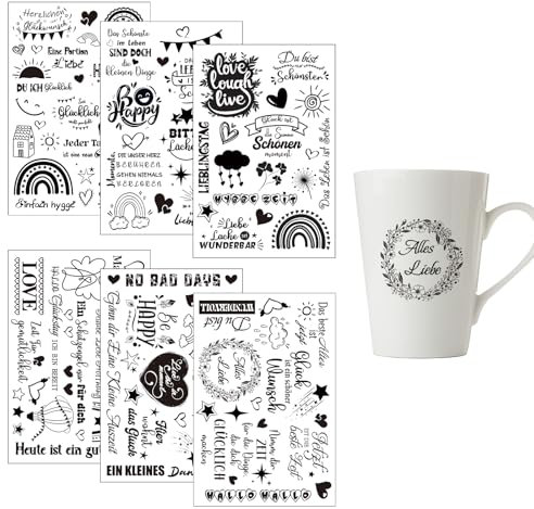 Rub on Sticker, 6 Blatt Rub on Folie, Transferaufkleber, Sprüche Aufkleber für Möbel, Glas, Holz, Kerzen, Scrapbooking, Fotoalbum, DIY Deko (Happy Life, Schwarz)