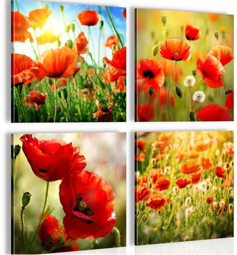 Novart Bilder Set Blumenwiese Mohnblumen - KOMPLETT AUFHÄNGFERTIG - Bunt Wohnzimmer Schlafzimmer Flur - 4 Moderne Wandbilder - N034644a