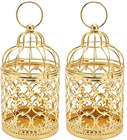 2 Stück Kleine Metall-Teelichter Zum Aufhängen, Vogelkäfig-Laterne, Vogelkäfig-Kerze, Metall-Kerzenständer für Party-Dekoration (Gold)