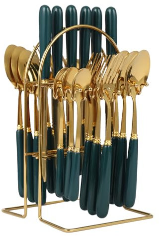 24 Pieces Cutlery Set with Holder 401 Stainless Steel Knife Fork Spoon Teaspoons Set Service for 6 Person Hanging Flatware Set (Gold Dark Green)