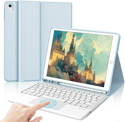 IVEOPPE Funda Teclado para iPad 9/8/7 generacion 10.2/Air 3 10.5/Pro 10.5 con Touchpad, Teclado Trackpad Español Ñ QWERTY Bluetooth Desmontable para iPad 2021/2020/2019, Azul Cielo