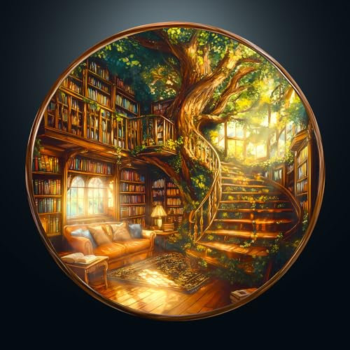 Puzzle da 1000 pezzi, per adulti, puzzle classici, rotondi, casetta sull'albero, libreria, 67,5 x 67,5 cm, Jigsaw per adulti, carta di carta blu irregolare, puzzle unico per amici di famiglia
