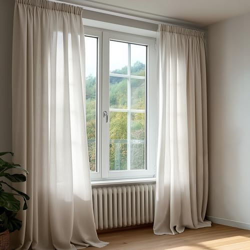 Deconovo Stores Gardinen mit Kräuselband Voile Vorhang Leinenoptik Transparente Gardinen Wohnzimmer Gardinenschal Durchsichtig Dekoschal für Schlafzimmer Balkon, H220 x B140 cm, Leinen, 2er Set