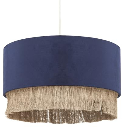 Modern Designer Dark Midnight Blue Soft Velvet Circular Pendant Lighting Shade with Dark Gold Hanging Tassels | 13cm x 30cm by Happy Homewares