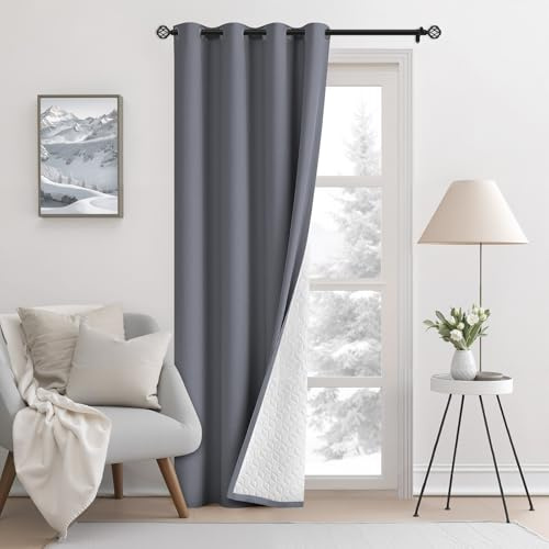 AOOSA Kälteschutzvorhang Winter, 245x132 cm Thermovorhang Gegen mit Ösen | Kältefest und Warm den Wind, 1 Stück Verdunklungsvorhänge, Verdickte Vorhänge für Schlafzimmer Wohnzimmer Büro - Grau
