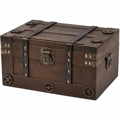 WDECORHOMT Vintage Treasure Box,Large Treasure Chest For Keepsakes, Wooden Keepsake Box Size:13.8X9.5X6.9 (1, Large)
