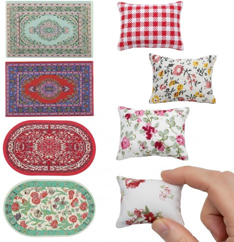 8 Pcs Dolls House Accessories, Dolls House Carpet, Miniature Dollhouse Accessories, Dollhouse Bedroom Furniture,Precise Carpet and Pillow Suitable for Decorating Toys in Kid and Collectors