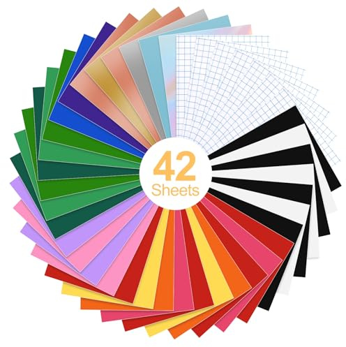 CEOTIS 42 Sheets Permanent Vinyl, 12 x 8 Self Adhesive Vinyl Sheets Bundle for Cricut, Include with 7 Transfer Tape for Cups, Decals, DIY Craft Projects,Compatible with Most Process Cutters