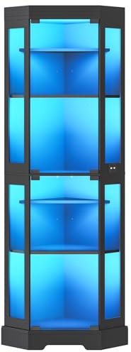 HOOBRO Corner Display Cabinet with Glass Doors，67.9 Glass Display Cabinet with LED Lights, 6-Tier Curio Cabinets for Collectibles, Books, Modern Display Case Corner Bookcase, Black BK02DDC01