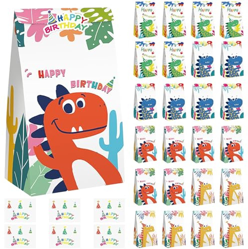 Ovanda 24 Stück Dinosaurier Geschenktüten Kindergeburtstag, Dino Geburtstag Kleine Geschenktüten mit 24 Aufkleber, Kindergeburtstage Bunte Candy Tüten für Kindergeburtstag Dino Geburtstag Mitgebsel