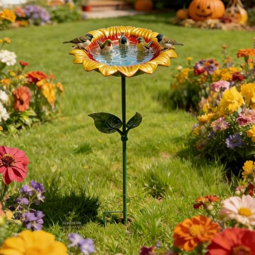 Vogeltränke Stehend, Vogelbad Metall Blütenform mit Erdspieß, Vintage Vogelbad Garten, Wassertränke Frostsicher, Vogelfutterspender, Gartendeko für Draußen Wetterfest (A)