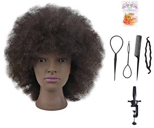 Frisierkopf für Afrohaar, 25 cm, 100% Echthaar, Stylingkopf für Frisöre, Kopf mit freier Klammer (Tischklemme im Lieferumfang enthalten)
