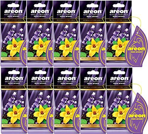 AREON Mon Auto Lufterfrischer Patchouli Lavendel Vanille Duft Autoduft Blume Anhänger Hängend Aufhängen Spiegel Violett Pappe 2D Wohnung (Patchouli Lavender Vanilla Set Pack x 10)