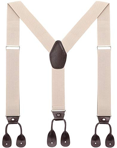 Herren Hosenträger breit mit Leder Knopfloch - Elastische und verstellbare Länge Y Form mit 6 Tasten für Herren (Khaki)