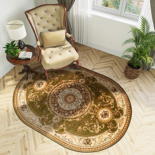 TAPISO Yesemek Teppich Oval Klassisch Gemustert Kurzflor Oriental Floral Ornament Grün Creme Bordüre Schlafzimmer Wohnzimmer ÖKOTEX 250 x 350 cm