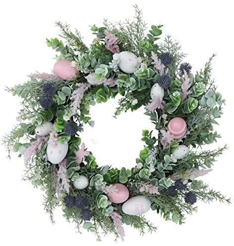 XIMIN 50cm Osterkranz Mit Bunten Eiern, Zweigen Und Pastellfarbenen Ostereiern Aster Eierkranz Künstlicher Blumen Kranz Feiertags Dekorationen Türbehang Oster Dekorationen (A)