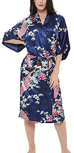 Kimono en satin imprimé rose pour femme - Paon - Robe de chambre de demoiselle d'honneur - Vêtements de nuit