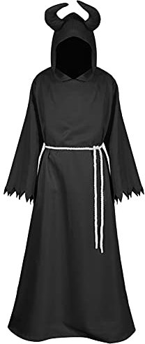 Priester Robe Mönch Schwarz Kostüm Mittelalter Umhang mit Robenhaube Kreuz Seil Vampir Kostüm Mönchskutte Herren Mantel Gotik Ritter Cape Lang Halloween Unisex Cosplay (X-Schwarz, L)