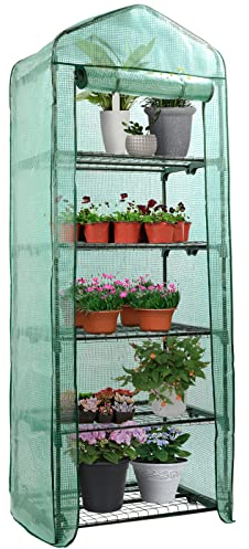 JonesHouseDeco 5-stöckiges Mini-Gewächshaus, tragbares kompaktes Gewächshaus mit Metallrahmen, PE-Abdeckung, aufrollbare Tür, 69 x 49 x 193 cm, grün #G304A04
