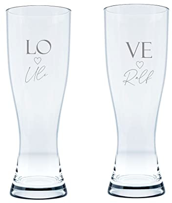 KT-Schmuckdesign Leonardo Weizenbierglas Set Love mit Wunschtext - Bierglas Weizen mit Gravur 0,5l Geschenkidee Glas