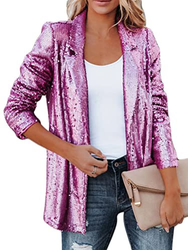 Onsoyours Damen Glänzend Pailletten Jacke Cardigan Langarm Bolero Tops Kurz Oberteile Eleganter Blazer Glitzer Party Outfits Clubwear A Rose Rot L