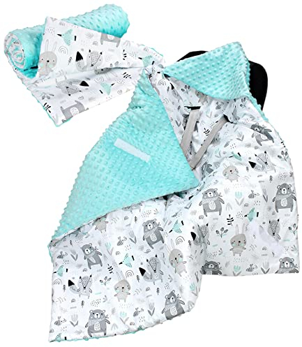 TupTam 2er Set Baby Decken Einschlagdecke 85x85 cm für Autositz Babyschale Babydecke Wiegendecke Minky Baumwolle, Farbe: Bärchen/Mint, Größe: Frühling/Sommer - 85 cm x 85 cm