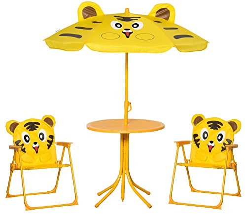 Outsunny Ensemble Salon de Jardin Enfant 4 pcs Design Tigre - Table Ronde + 2 chaises Pliables + Parasol - métal époxy Oxford Jaune