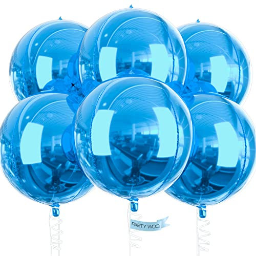 PartyWoo Luftballons Blau, 6 Stück Folienballons Blau, 22 Zoll Riesige 4D Folienballons Rund und Band, Luftballons Groß, Folienballons für Geburtstagsdeko, Hochzeitsdeko, Partydeko