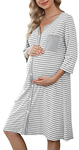 Marvmys Chemise de Nuit Allaitement Maternité 3/4 Manche Rayé Boutonnée Robe de Nuit pour Grossesse Femme Gris Clair XL