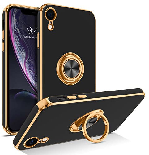 BENTOBEN for iPhone XR Case with Ring, Phone case for iPhone XR, Holder Edge Plating Rotation Kickstand Soft Silicone TPU Bumper Slim Flexible Shockproof Protective Cover for iPhone XR 6.1 Black