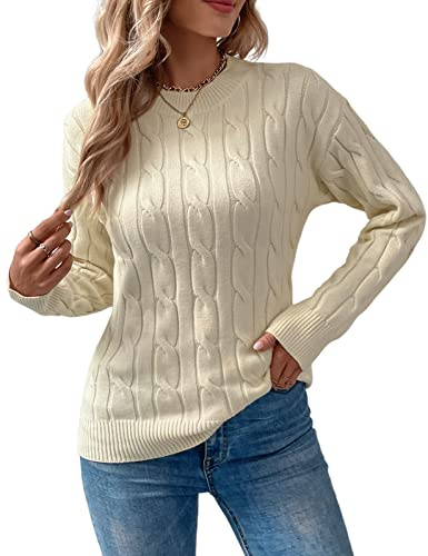 Niwicee Jerseys de Punto de Cable para Mujer Cuello Redondo Suéter Holgado Sueter Mangas Larga Pullover Jerséis de Punto Casual Sudadera Tops Sweater Cálido Otoño Invierno(Blanco,M)