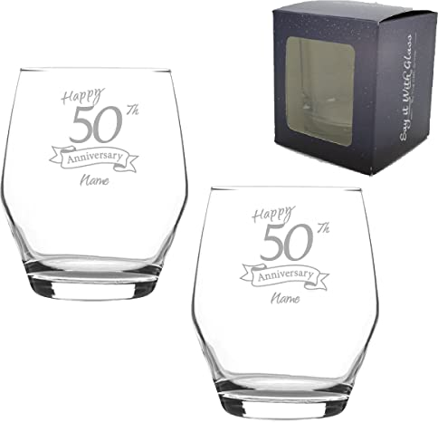 Personalised Engraved 50th Anniversary Glass Set of Two, Ella Whiskey 12.5oz Glass, Engraved in The UK, Personalise with Any Name, Thoughtful Customised Gift