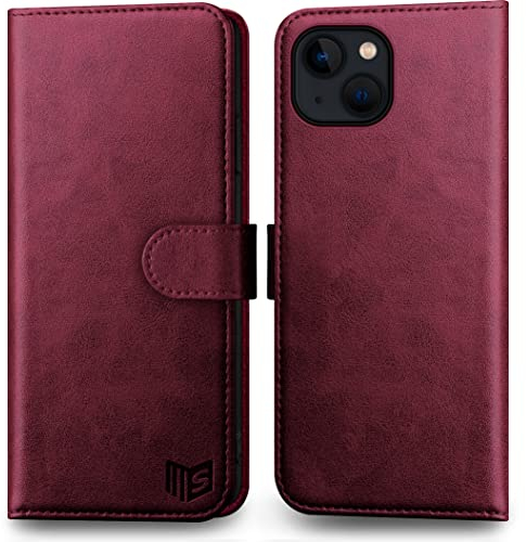 SUANPOT für iPhone 14 6.1 Flip Hülle [RFID Schutz][100% Echtleder][4 Kartenfächer] für Apple 14 Handy hülle Echtleder Wallet Phone Case Rotwein