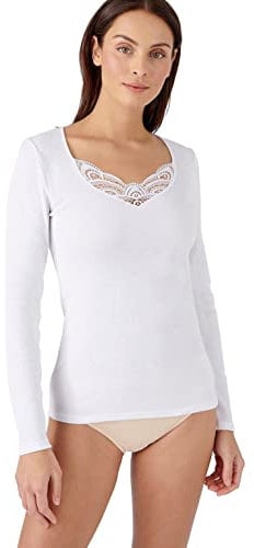Damart Camiseta de Manga Larga con canalé de guipur Thermolactyl Ropa Interior, Blanco, Extra-Large para Mujer