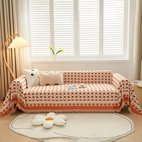 HANDONTIME Chenille-Couchbezug, geometrisch gewebt, Sofa-Überwurf, Schonbezüge für Couch, Sofa, Schonbezüge für Sessel, Haustier-Couchschutz, Stuhlbezüge für Hunde und Katzen, waschbar (Orange: 180 cm