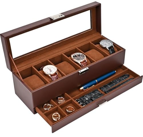 ProCase Uhrenbox mit 6 Fächern,Uhrenkasten mit Glasdeckel, 2 Ebenen, Uhrenkoffer mit herausnehmbaren Uhrenkissen, Uhrenschatulle für Schmuck, Ringe, Armbänder und Halsketten -Espresso