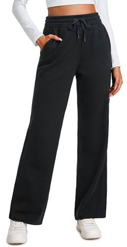 CRZ YOGA Damen Jogginghose Gefütterte Baumwolle Hohe Taille Joggers Soft Freizeithose Winter Lounge Hosen mit Taschen - 76cm Schwarz 44