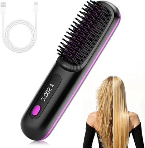 Go Brush Pro, Cordless Ceramic Hair Straightening Comb, Heated Hair Brush for Short Hair, Portable Rechargeable Heated Styling Brush, 3 Heat Settings & LED Screen
