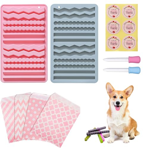 G-024 28 Stück Backmatte Hundekekse Backmatten für Hundeleckerlies Hundekekse Backform Riegelform Silikon Müsliriegel Form Backform Klarer Dropper mit Skala Rosa Bonbontüte für DIY Hundekekse