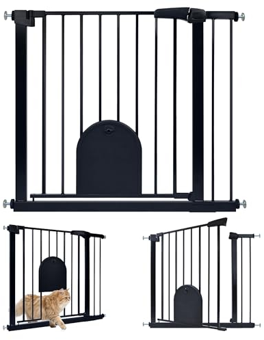 UISEBRT Treppenschutzgitter Türschutzgitter Ohne Bohren Treppengitter mit Katzentür Haustiertür, für Breiten 85-95 cm, Selbstschließend, Einhändiges Öffnen Metall Gitter, Schwarz