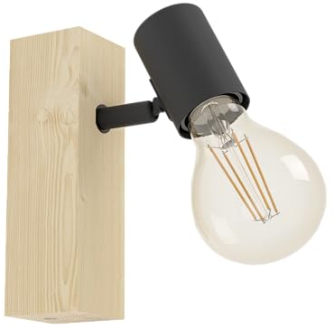 EGLO Wandlampe Townshend 3, Vintage Wandleuchte im Industrial Design, Retro Lampe aus Stahl und Holz, Farbe Schwarz, braun, Fassung E27, FSC zertifiziert