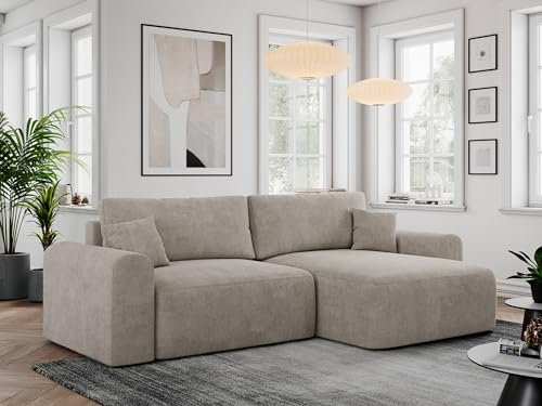 MKS MEBLE Sofa L-Form, Ecksofa mit Schlaffunktion, Wohnlandschaft L-Form mit Kissen, Couch L-Form - Nelson - Beige Struktur
