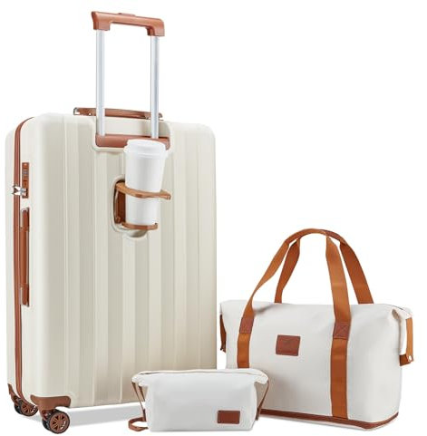 Joyway Koffer Groß Kofferset, Hartschalen Reisekoffer mit Getränkehalter, 4 Rollen TSA-Schloss Der Koffer Enthält 1 Reisetasche und 1 Kulturbeutel, Beige Braun