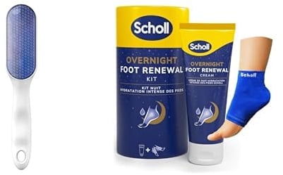 Scholl Nano-Glass Foot File and Callus Remover - Comfortable, Gentle Hard Skin and Callus Removal + Overnight Renewal Kit, Footcare Cream 60 ml, Reusable Gel Heel Sleeves 1 Pair - Moisturise Dry Feet
