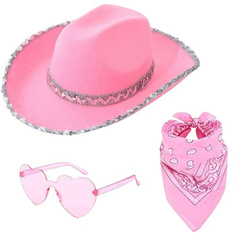 Cowgirl Set - Cowboy Hut Damen Mit Herzbrille Und Schal, Pink Glitzer, Karneval Kostüm Zubehör